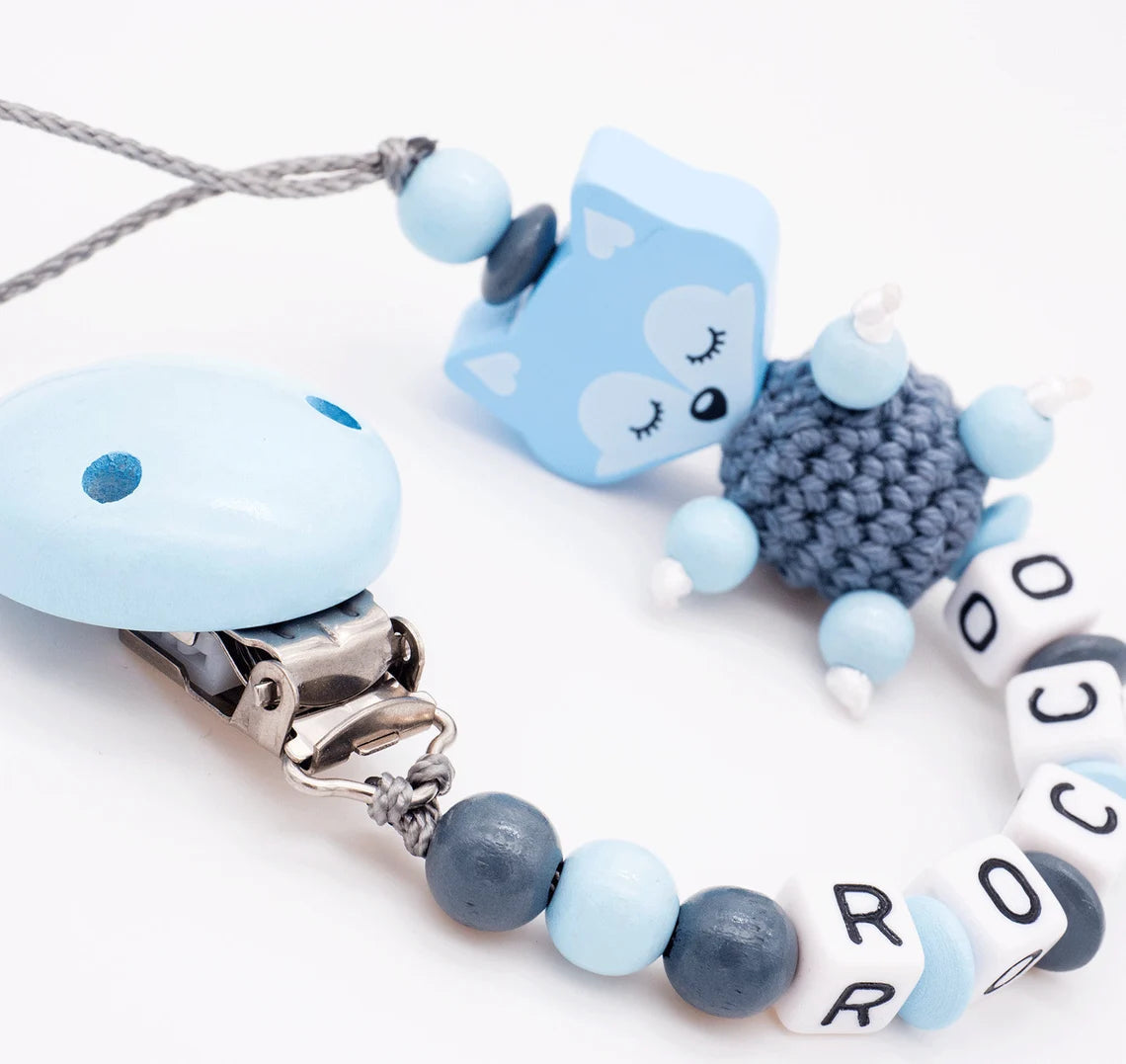 Schnullerkette mit Namen Junge Traum Fuchs grau blau Schnullerkette minipishop 