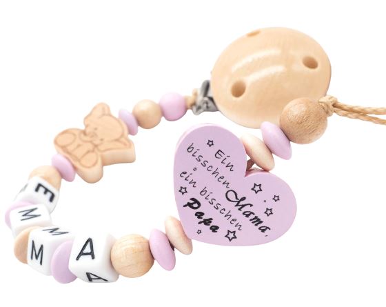 Schnullerkette mit Namen Mädchen Baby Elefant + Herz Natur Holz Schnullerkette minipishop Schnullerkette 