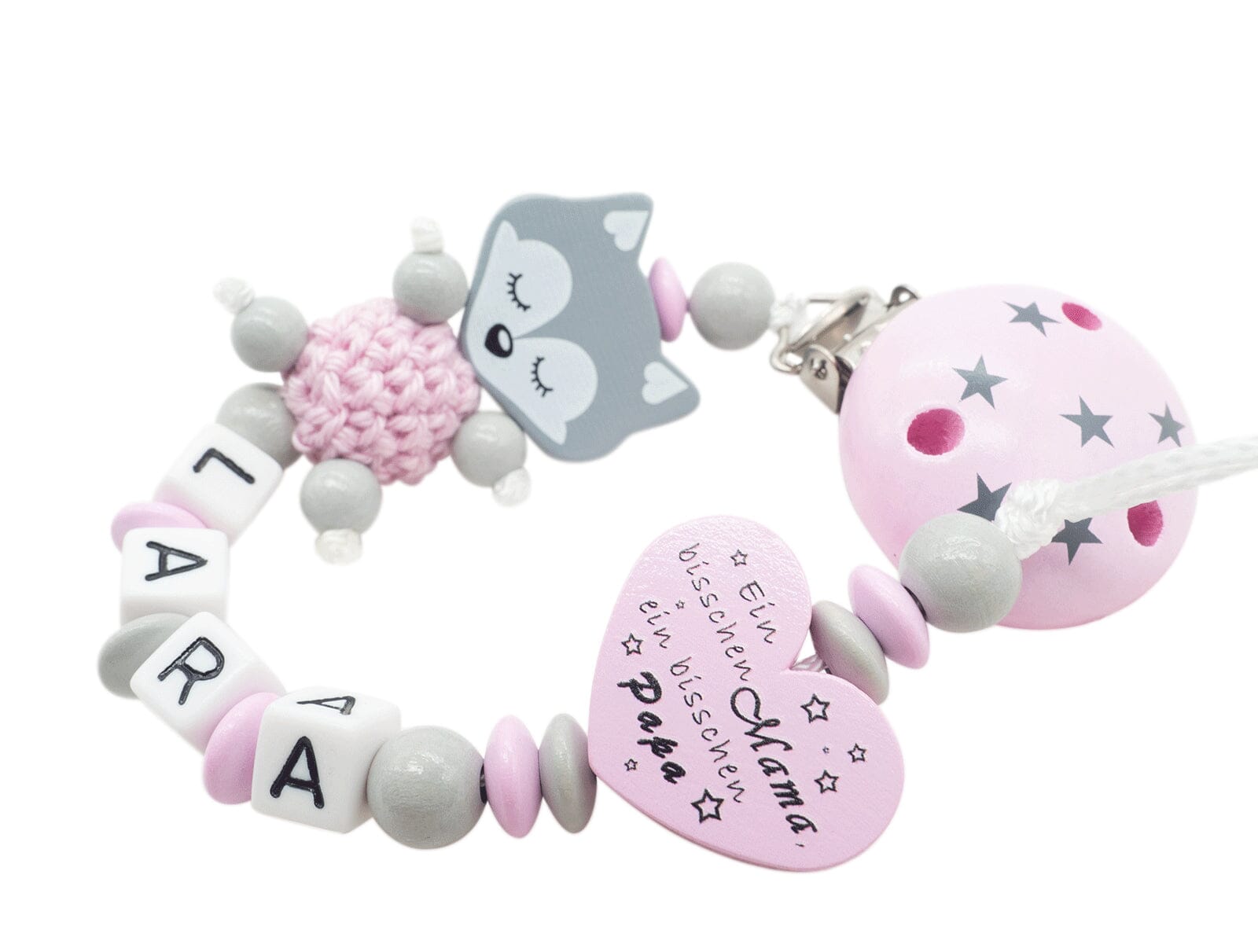 Schnullerkette mit Namen Mädchen Baby Fuchs + Stern Clip rosa grau Schnullerkette minipishop 