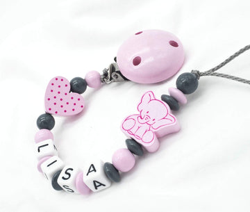 Schnullerkette mit Namen Mädchen Elefant + Herz Rosa Grau