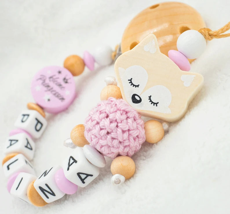Schnullerkette mit Namen Mädchen Fuchs schlafend + Kleine Prinzessin Schnullerkette minipishop 