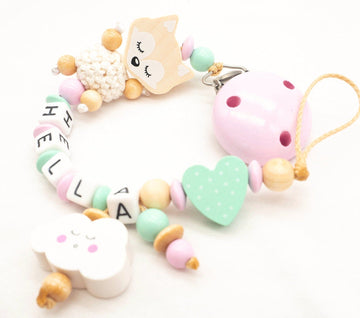 Schnullerkette mit Namen Mädchen Fuchs + Wolke mint rosa