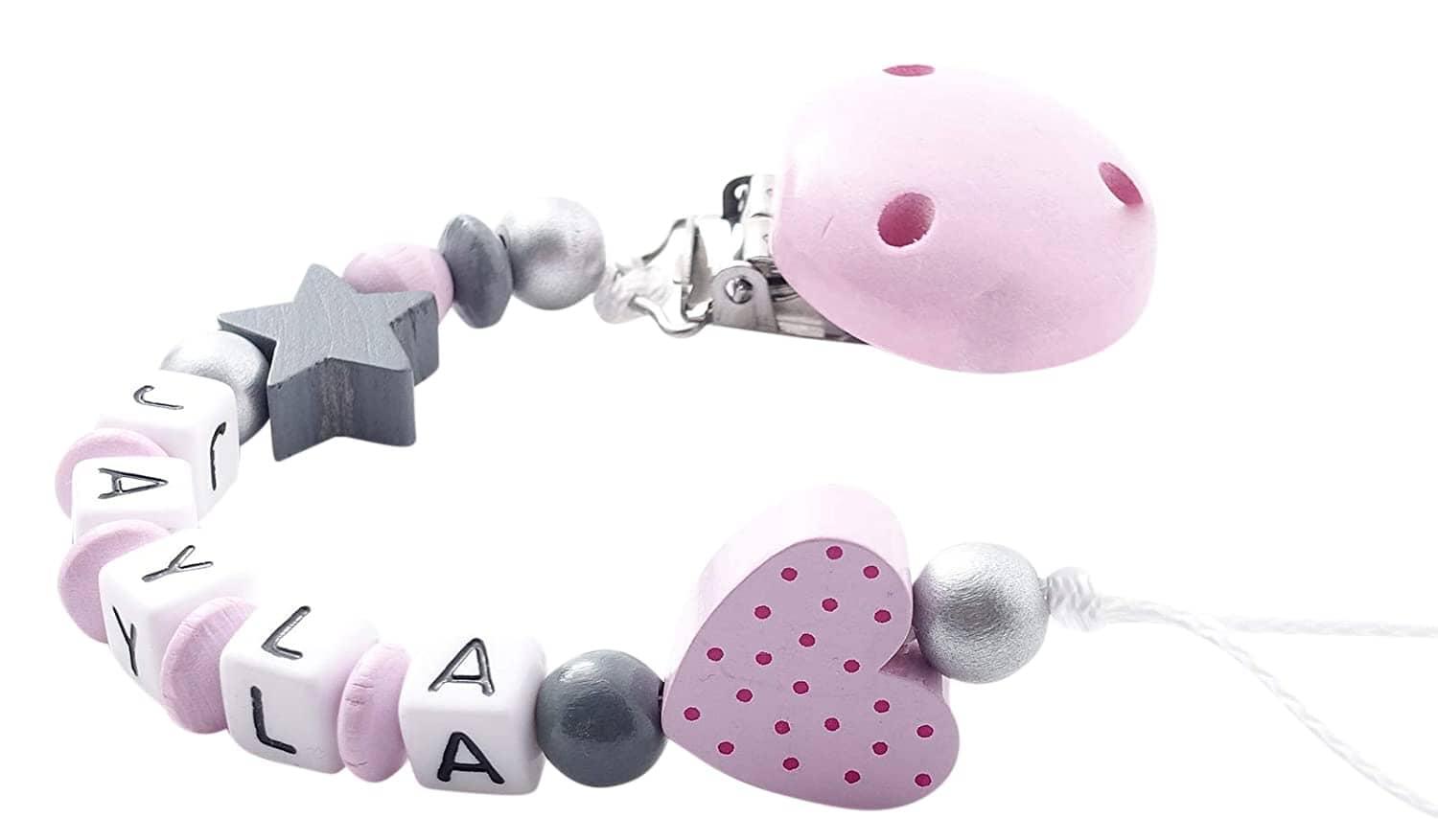 Schnullerkette mit Namen Mädchen Herz Stern grau rosa Schnullerkette minipishop Schnullerkette 