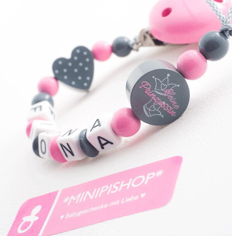 Schnullerkette mit Namen Mädchen Kleine Prinzessin + Herz grau babyrosa Schnullerkette minipishop 