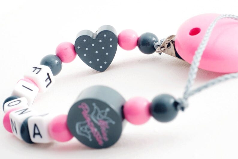 Schnullerkette mit Namen Mädchen Kleine Prinzessin + Herz grau babyrosa Schnullerkette minipishop Schnullerkette 