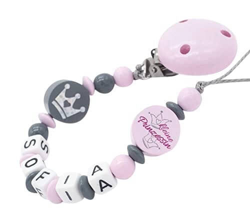 Schnullerkette mit Namen Mädchen Kleine Prinzessin Krone rosa grau silber Schnullerkette minipishop Schnullerkette 