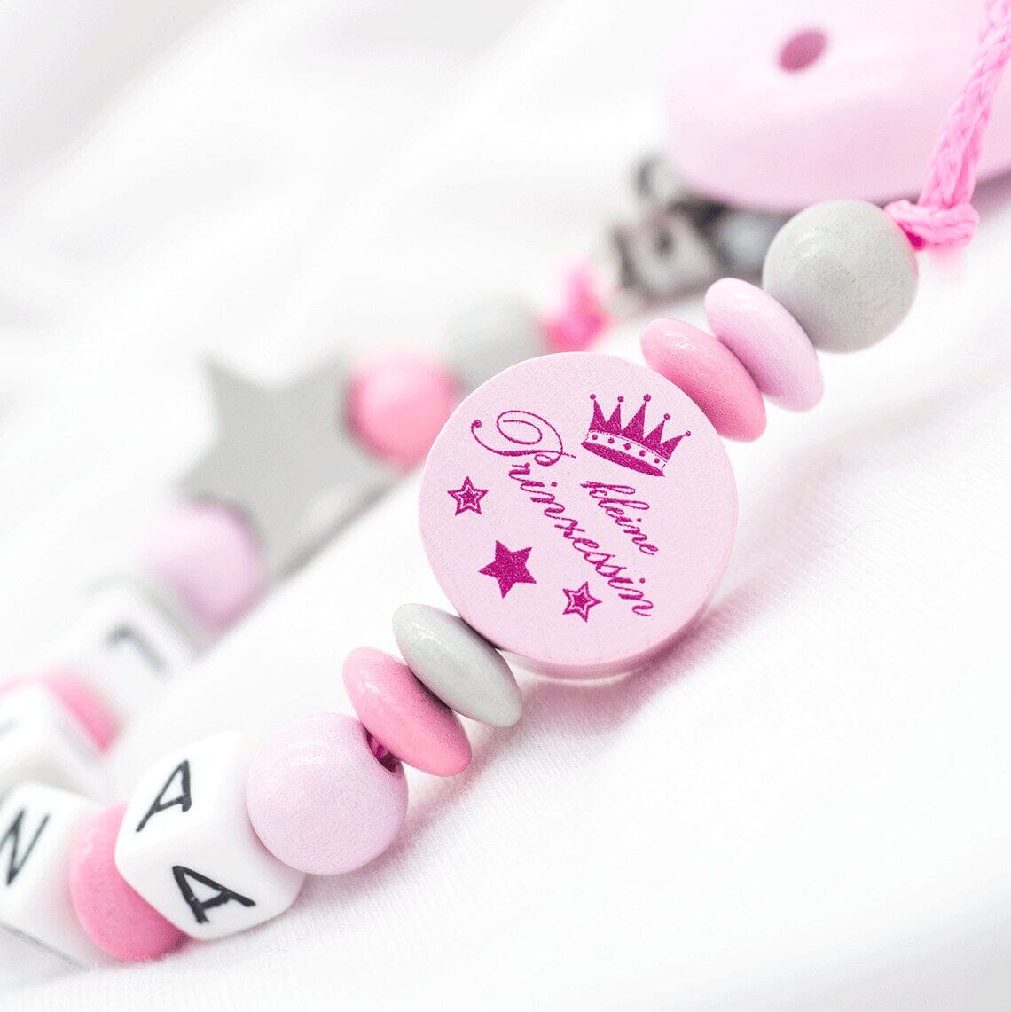 Schnullerkette mit Namen Mädchen Kleine Prinzessin + Stern grau rosa Schnullerkette minipishop Schnullerkette 
