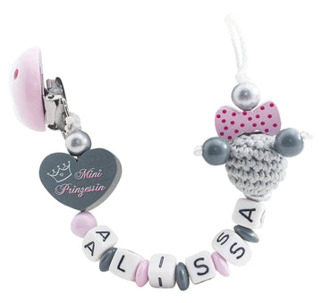 Schnullerkette mit Namen Mädchen Mini Prinzessin + Häkelperlen Maus mit Schleife grau rosa