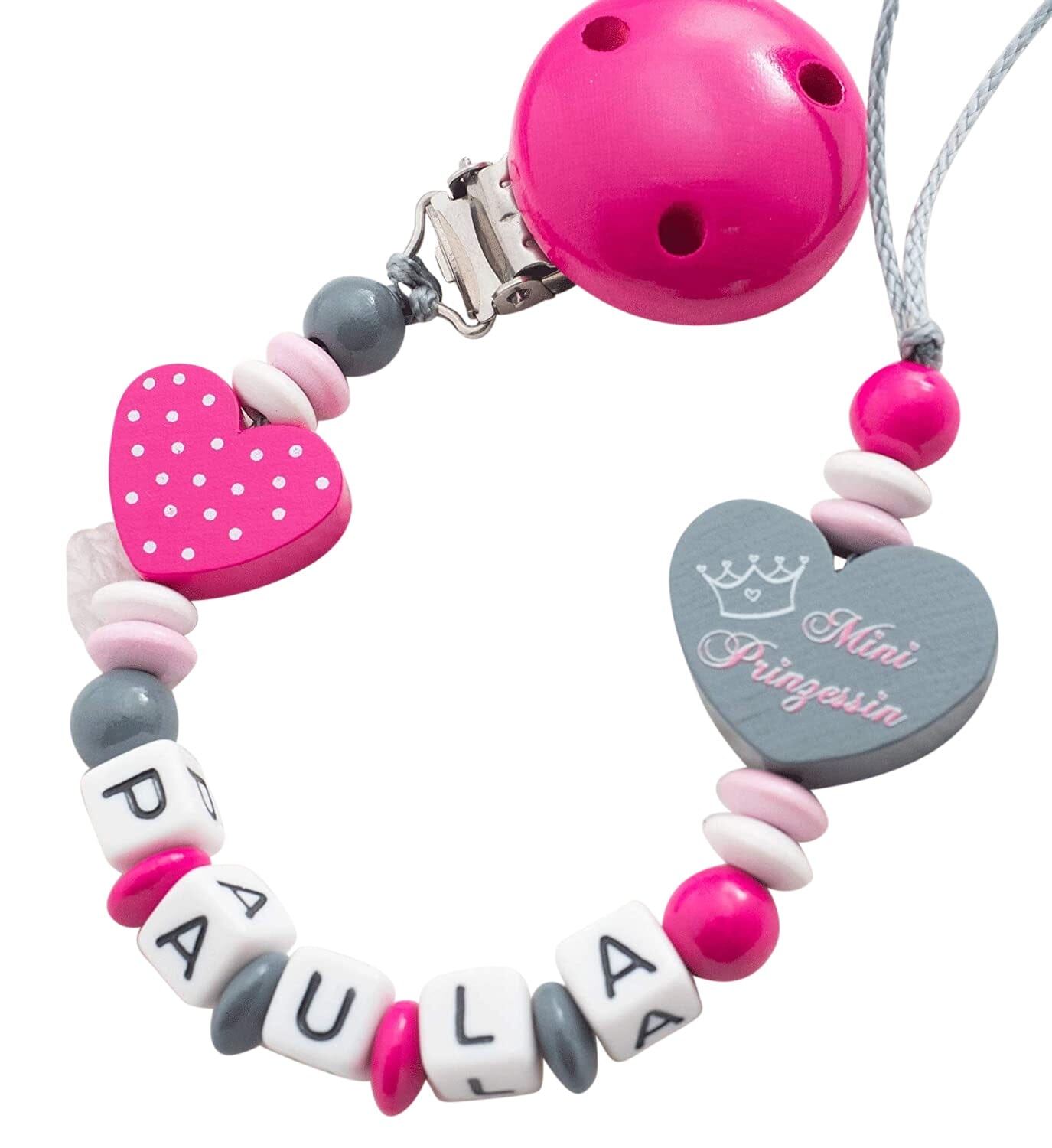 Schnullerkette mit Namen Mädchen Mini Prinzessin + Herz pink grau Schnullerkette minipishop 