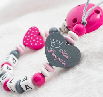 Schnullerkette mit Namen Mädchen Mini Prinzessin + Herz pink grau