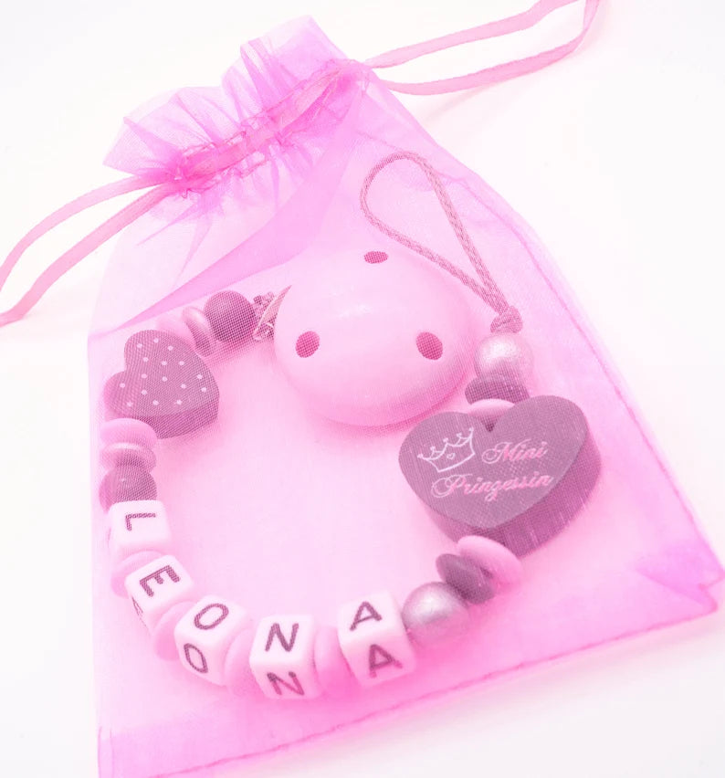 Schnullerkette mit Namen Mädchen Mini Prinzessin + Herz rosa silber Schnullerkette minipishop 