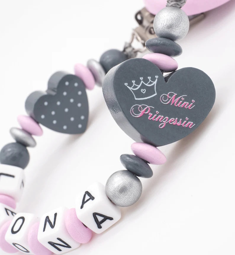 Schnullerkette mit Namen Mädchen Mini Prinzessin + Herz rosa silber Schnullerkette minipishop 