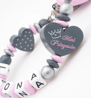 Schnullerkette mit Namen Mädchen Mini Prinzessin + Herz rosa silber