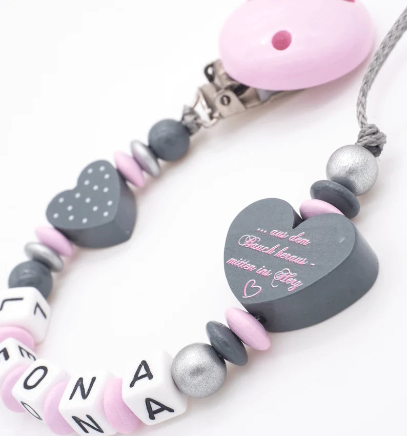 Schnullerkette mit Namen Mädchen Mini Prinzessin + Herz rosa silber Schnullerkette minipishop Schnullerkette 