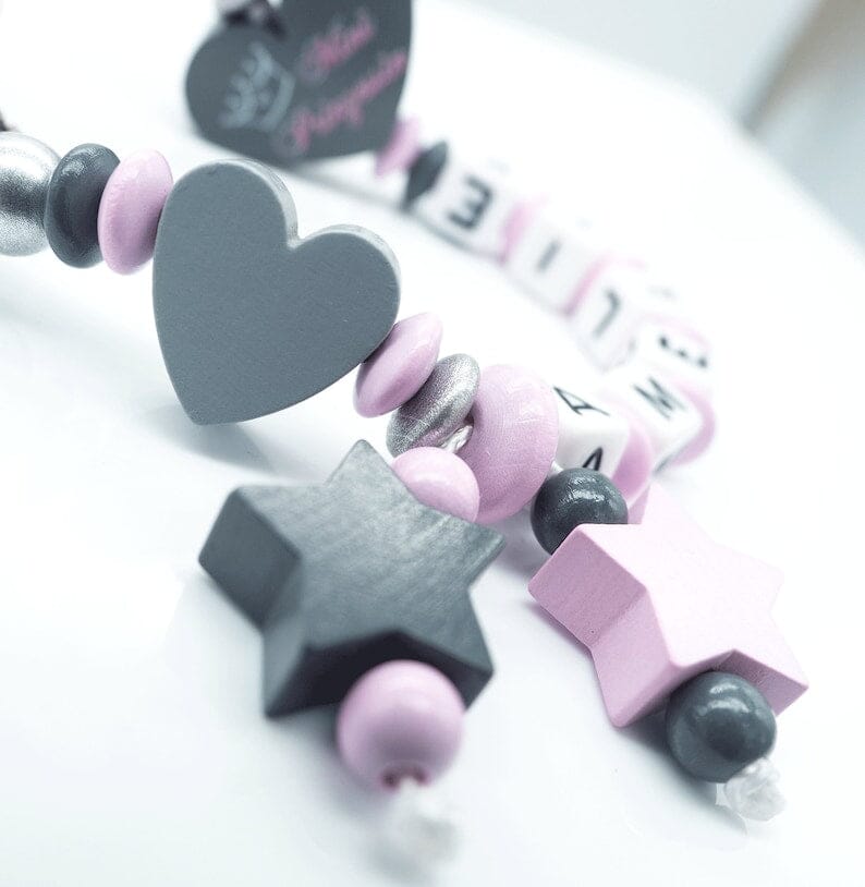 Schnullerkette mit Namen Mädchen Mini Prinzessin + Herz + Sterne rosa Schnullerkette minipishop 