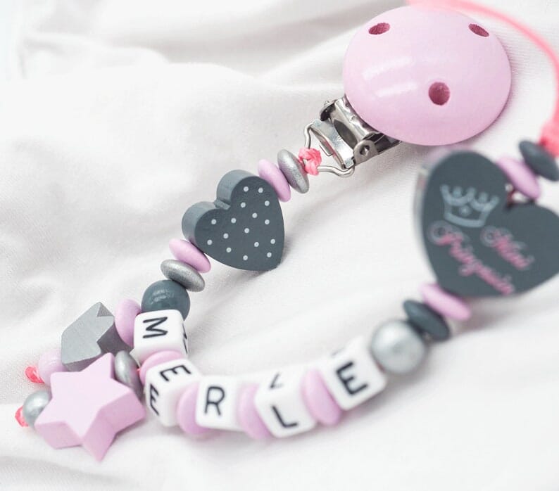 Schnullerkette mit Namen Mädchen Mini Prinzessin + Krone rosa Schnullerkette minipishop 
