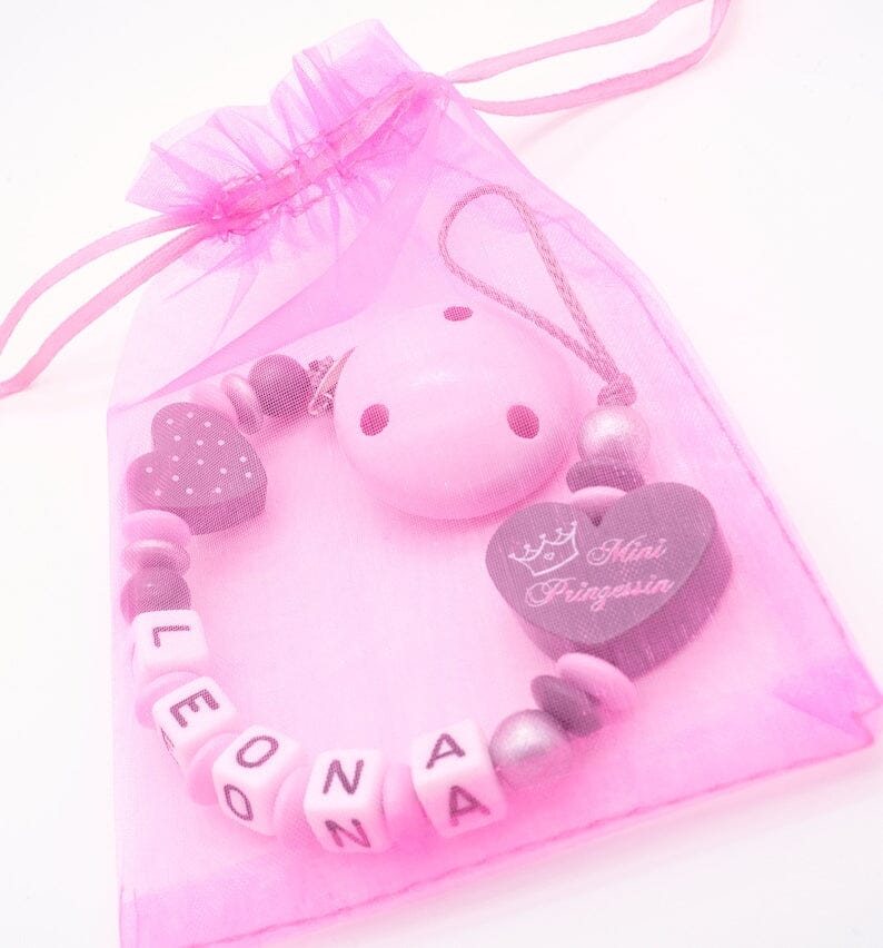 Schnullerkette mit Namen Mädchen Mini Prinzessin + Krone rosa Schnullerkette minipishop 