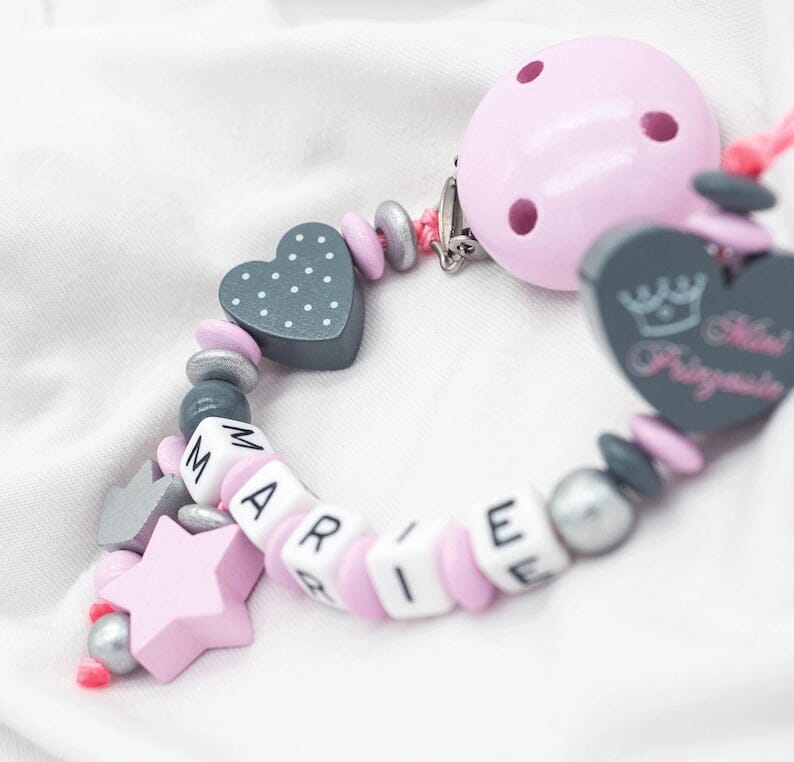 Schnullerkette mit Namen Mädchen Mini Prinzessin + Krone rosa Schnullerkette minipishop 
