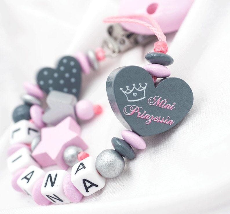 Schnullerkette mit Namen Mädchen Mini Prinzessin + Krone rosa Schnullerkette minipishop Schnullerkette 