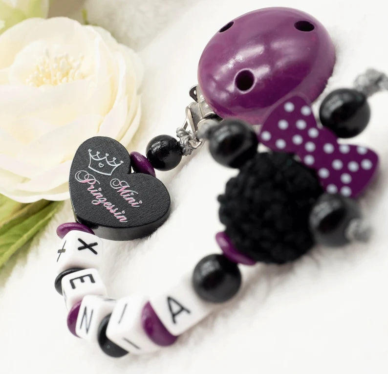 Schnullerkette mit Namen Mädchen Mini Prinzessin + Maus mit Schleife lila schwarz Schnullerkette minipishop 