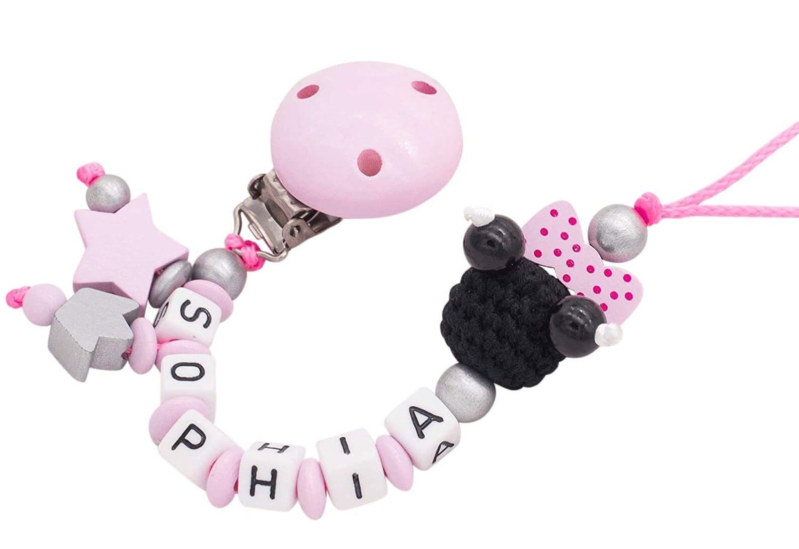 Schnullerkette mit Namen Mädchen Mini Prinzessin Maus rosa Schnullerkette minipishop Schnullerkette 