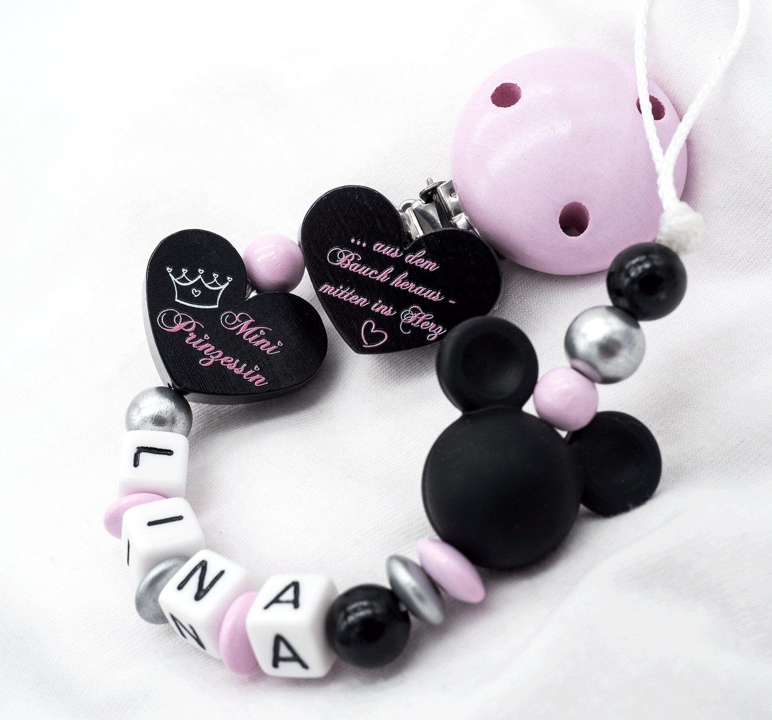 Schnullerkette mit Namen Mädchen Mini Prinzessin + Silikon Maus rosa silber Schnullerkette minipishop 