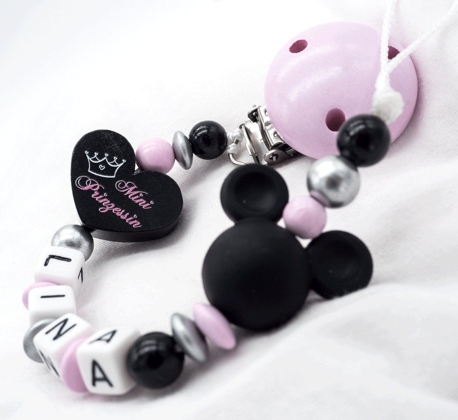 Schnullerkette mit Namen Mädchen Mini Prinzessin + Silikon Maus rosa silber Schnullerkette minipishop Schnullerkette 