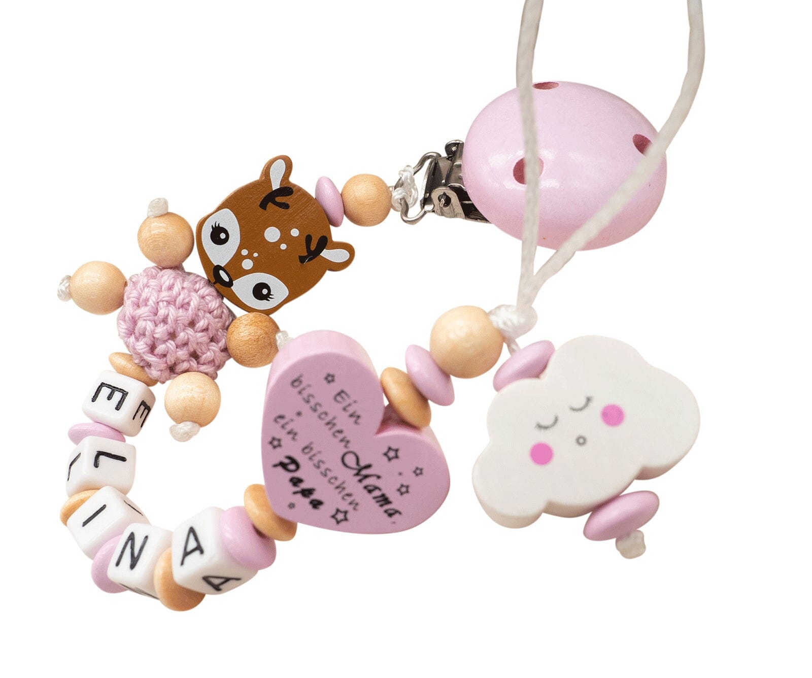 Schnullerkette mit Namen Mädchen Reh Braun Bisschen Mama Papa Schnullerkette minipishop Schnullerkette 