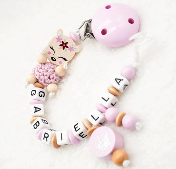 Schnullerkette mit Namen Mädchen Reh + Glitzer Krone rosa