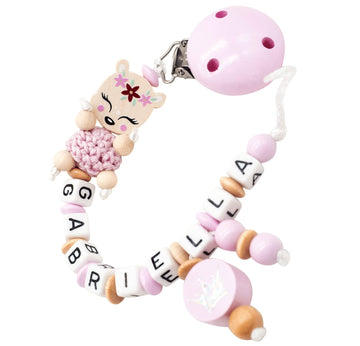 Schnullerkette mit Namen Mädchen Reh + Glitzer Krone rosa