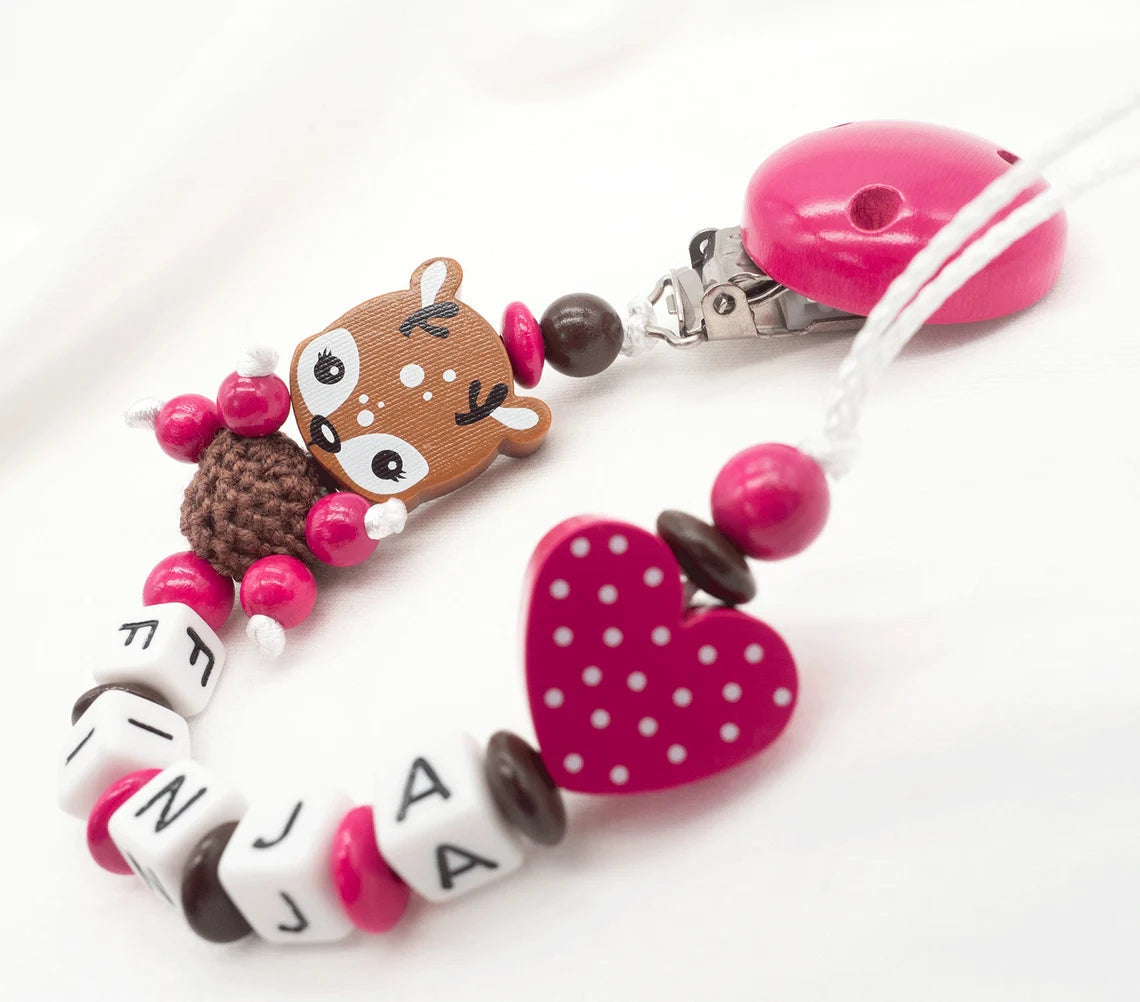 Schnullerkette mit Namen Mädchen Reh + Herz pink Schnullerkette minipishop 