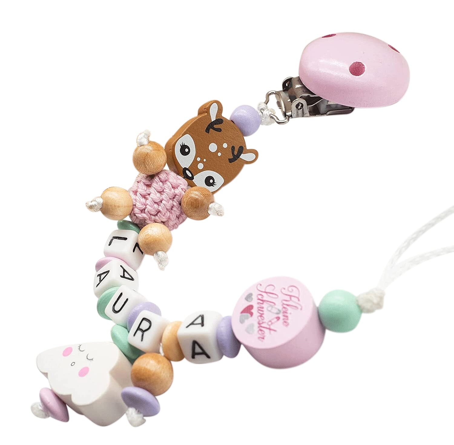 Schnullerkette mit Namen Mädchen Reh + Kleine Schwester Baby bunt Schnullerkette minipishop Schnullerkette 