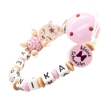 Schnullerkette mit Namen Mädchen Reh + kleine Schwester