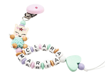Schnullerkette mit Namen Mädchen Reh mit Häkelperle +Herz mint rosa Doppelname