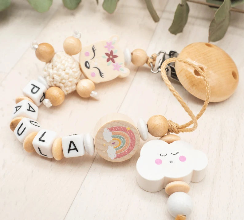 Schnullerkette mit Namen Mädchen Reh mit Häkelperle + Regenbogen + Wolke Schnullerkette minipishop 