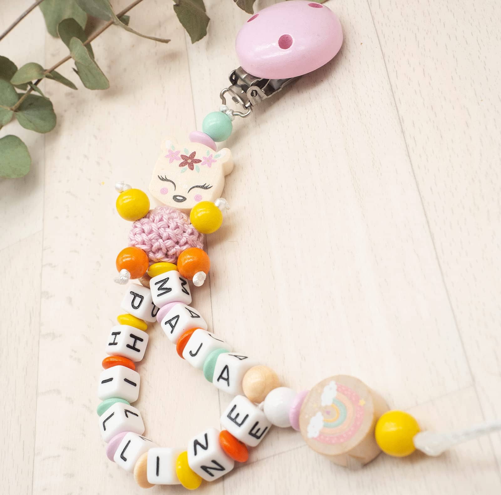 Schnullerkette mit Namen Mädchen Reh Regenbogen bunt Schnullerkette minipishop 