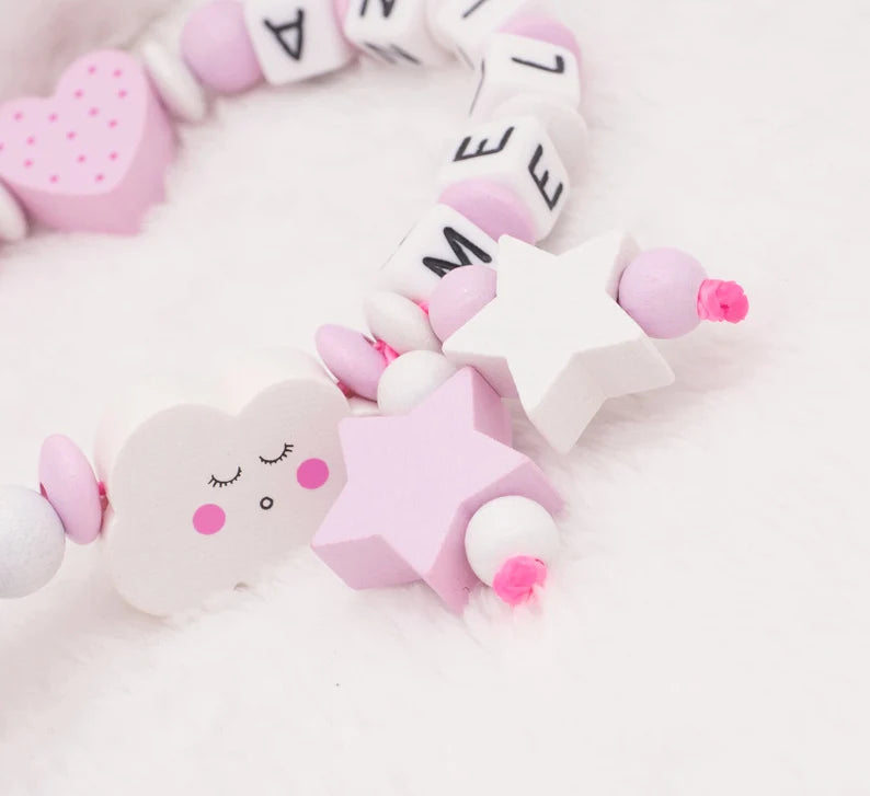 Schnullerkette mit Namen Mädchen schlafende Wolke + Herz + Sterne Schnullerkette minipishop 