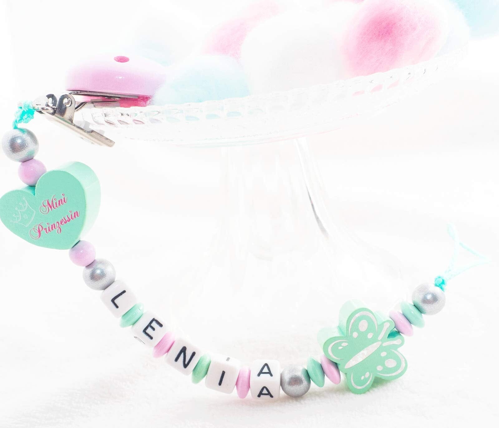 Schnullerkette mit Namen Mädchen Schmetterling +Mini Prinzessin Schnullerkette minipishop 