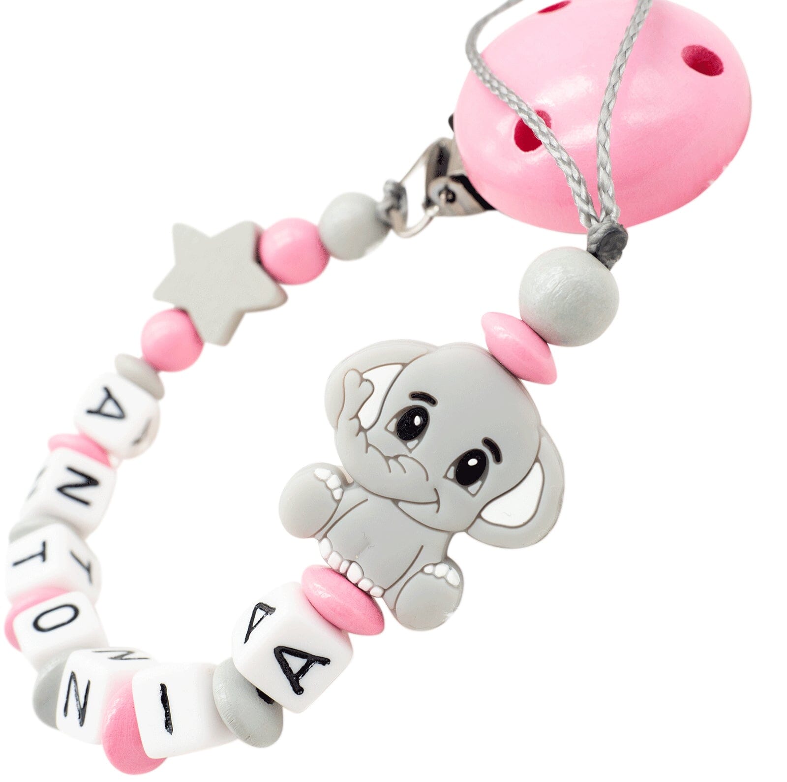 Schnullerkette mit Namen Mädchen Silikon Elefant Stern Baby Rosa Schnullerkette minipishop Schnullerkette 