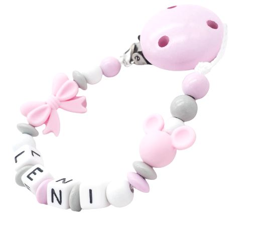 Schnullerkette mit Namen Mädchen Silikon Maus + Schleife Schnullerkette minipishop 