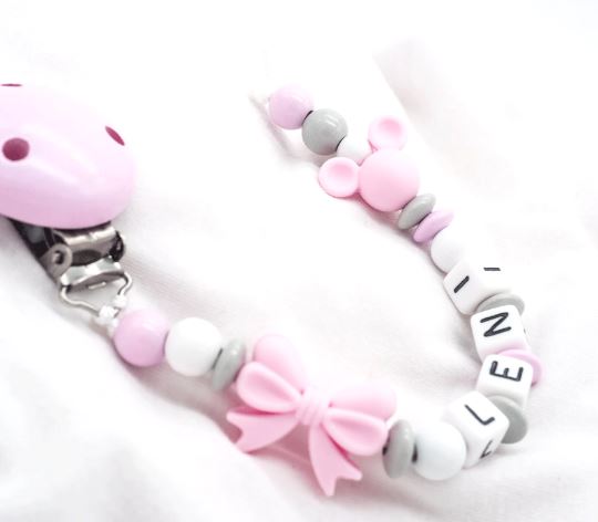 Schnullerkette mit Namen Mädchen Silikon Maus + Schleife Schnullerkette minipishop 