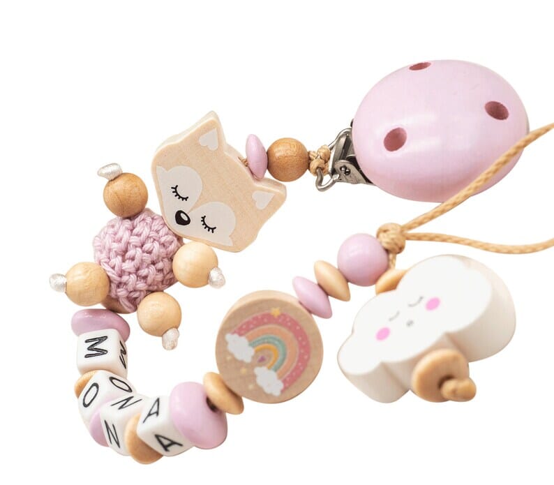 Schnullerkette mit Namen Mädchen Traum Fuchs + Regenbogen + Wolke Schnullerkette minipishop Schnullerkette 