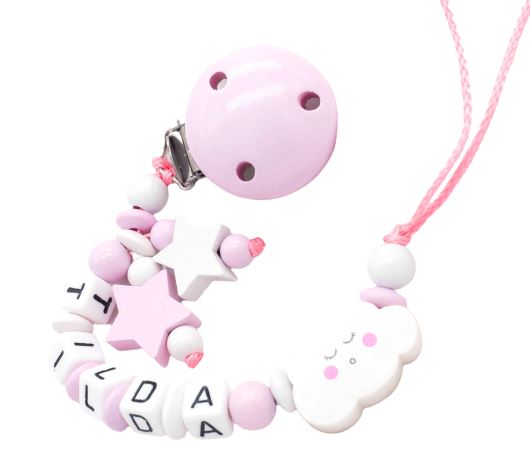 Schnullerkette mit Namen Mädchen Wolke + Sterne weiß rosa Schnullerkette minipishop Schnullerkette 