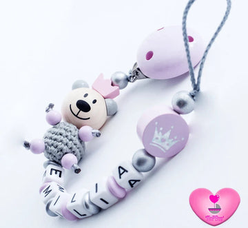 Schnullerkette mit Namen Mädchen XXL Teddy + Krone rosa silber Schnullerkette minipishop Schnullerkette 
