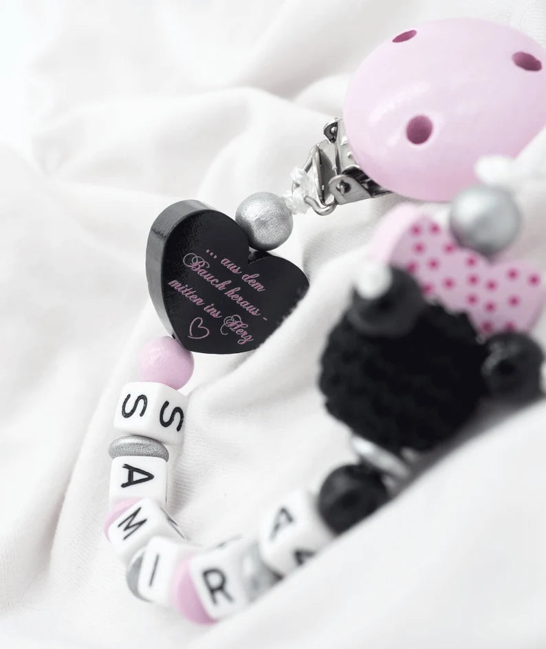 Schnullerkette mit Namen Mini Prinzessin + Maus mit Schleife rosa silber schwarz Schnullerkette minipishop 
