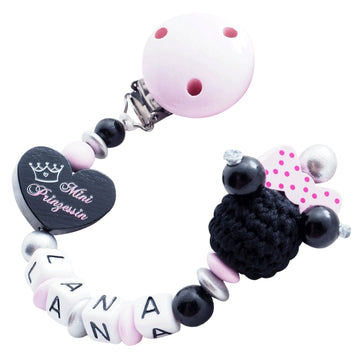 Schnullerkette mit Namen Mini Prinzessin + Maus mit Schleife rosa silber schwarz