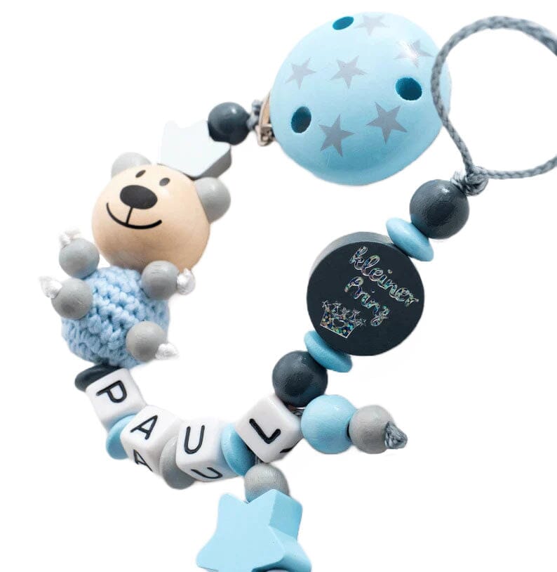 Schnullerkette mit Namen XXL Teddy + kleiner Prinz + Sterne blau dunkelgrau Schnullerkette minipishop 