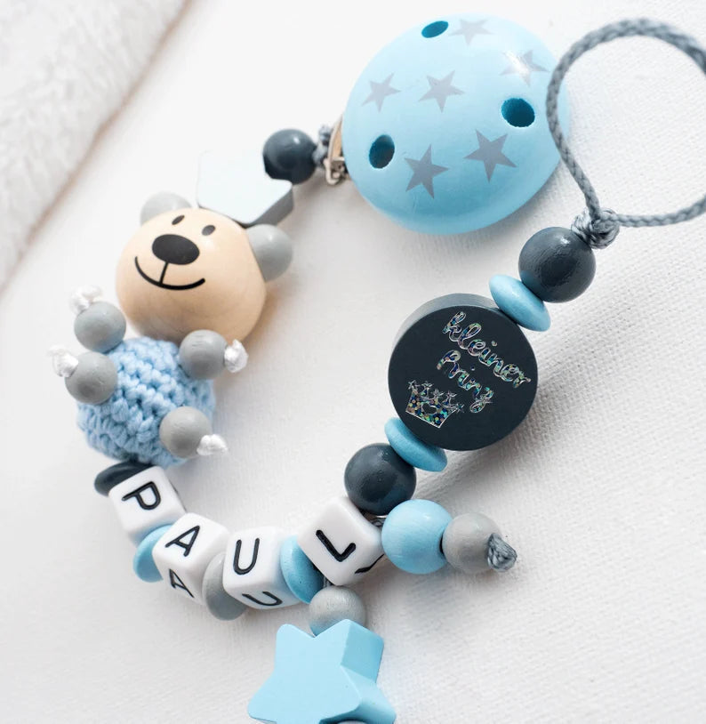 Schnullerkette mit Namen XXL Teddy + kleiner Prinz + Sterne blau dunkelgrau Schnullerkette minipishop Schnullerkette 